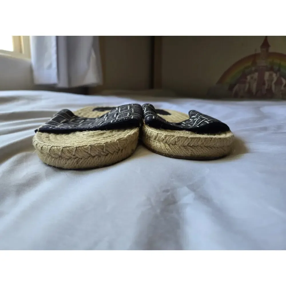 TORY BURCH Sandals Black Ribbon Espadrille Slides Womens 7.5 Coastal Hamptons